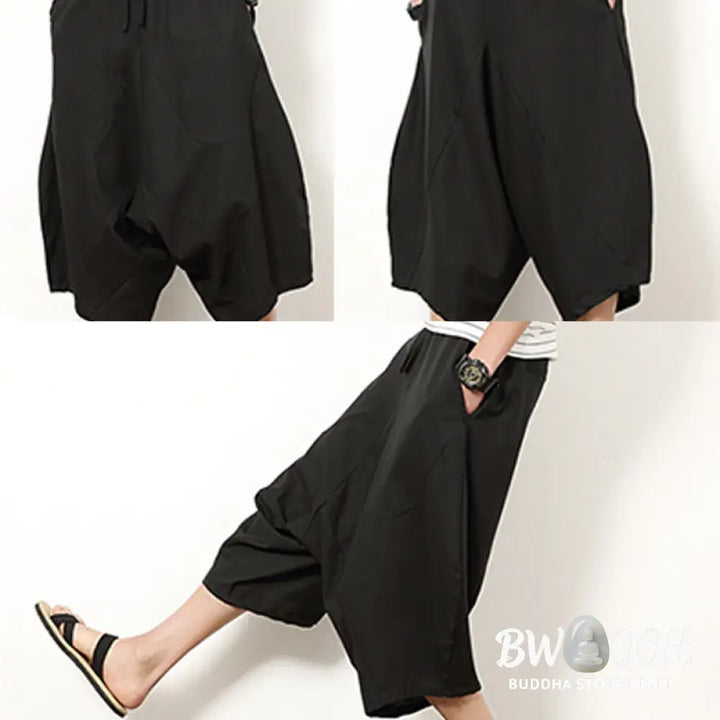 Buddha Stones Spring Plain Simple Patchwork Design Drawstring Cotton Linen Men’s 7-8 Length Wide Leg Pants With Pockets