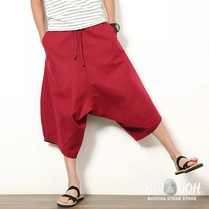 Buddha Stones Spring Plain Simple Patchwork Design Drawstring Cotton Linen Men’s 7-8 Length Wide Leg Pants With Pockets