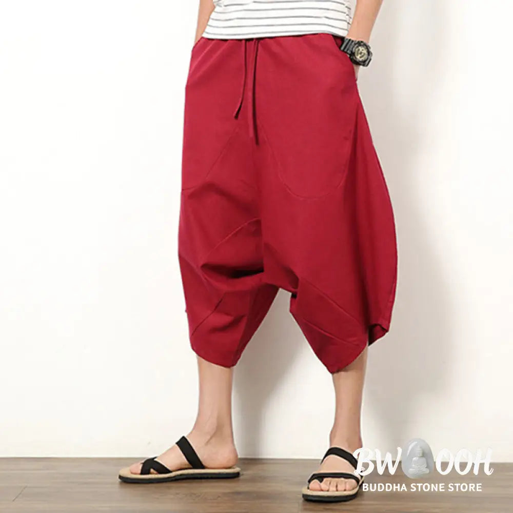 Buddha Stones Spring Plain Simple Patchwork Design Drawstring Cotton Linen Men’s 7-8 Length Wide Leg Pants With Pockets