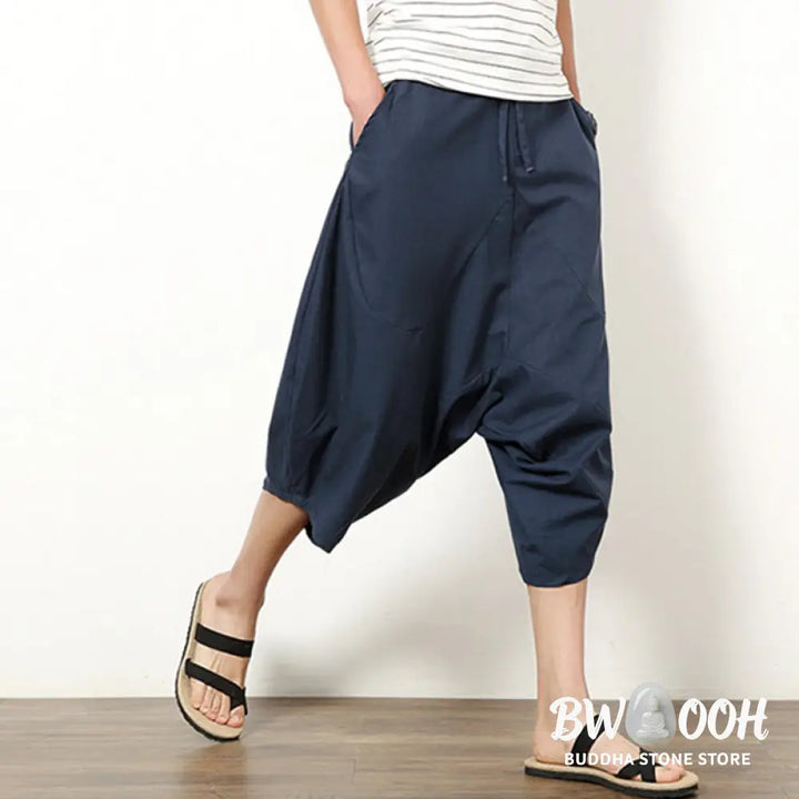 Buddha Stones Spring Plain Simple Patchwork Design Drawstring Cotton Linen Men’s 7-8 Length Wide Leg Pants With Pockets