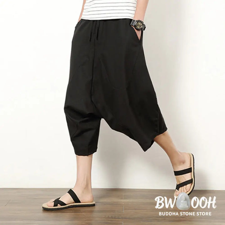 Buddha Stones Spring Plain Simple Patchwork Design Drawstring Cotton Linen Men’s 7-8 Length Wide Leg Pants With Pockets