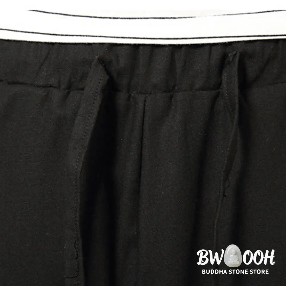 Buddha Stones Spring Plain Simple Patchwork Design Drawstring Cotton Linen Men’s 7-8 Length Wide Leg Pants With Pockets