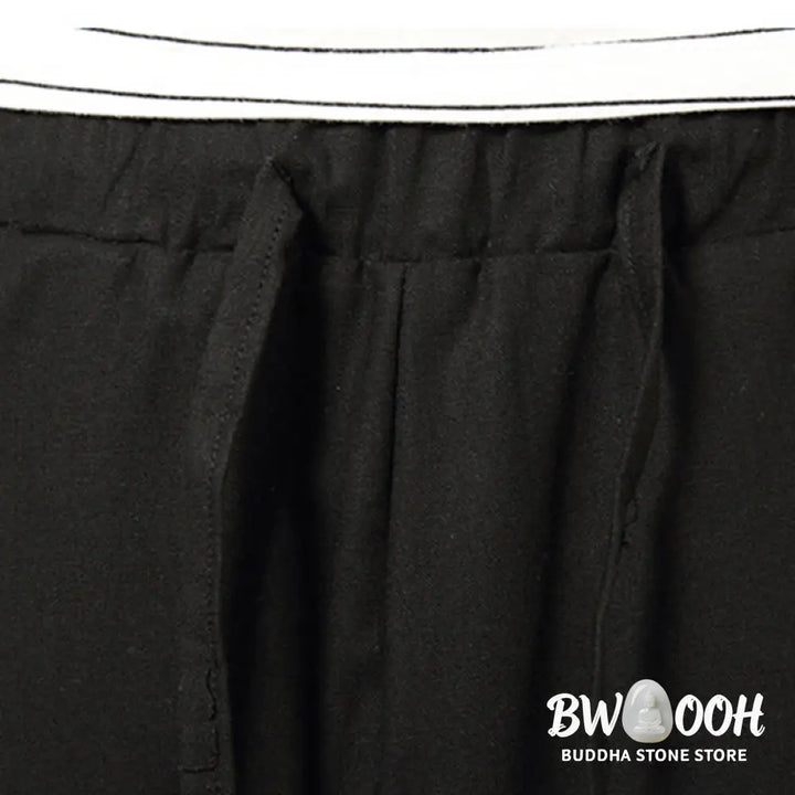 Buddha Stones Spring Plain Simple Patchwork Design Drawstring Cotton Linen Men’s 7-8 Length Wide Leg Pants With Pockets