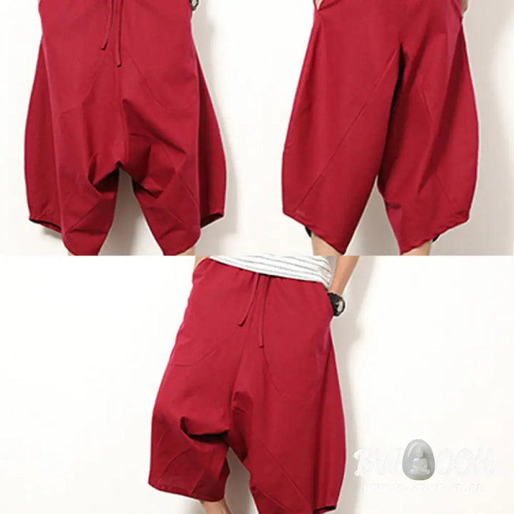 Buddha Stones Spring Plain Simple Patchwork Design Drawstring Cotton Linen Men’s 7-8 Length Wide Leg Pants With Pockets