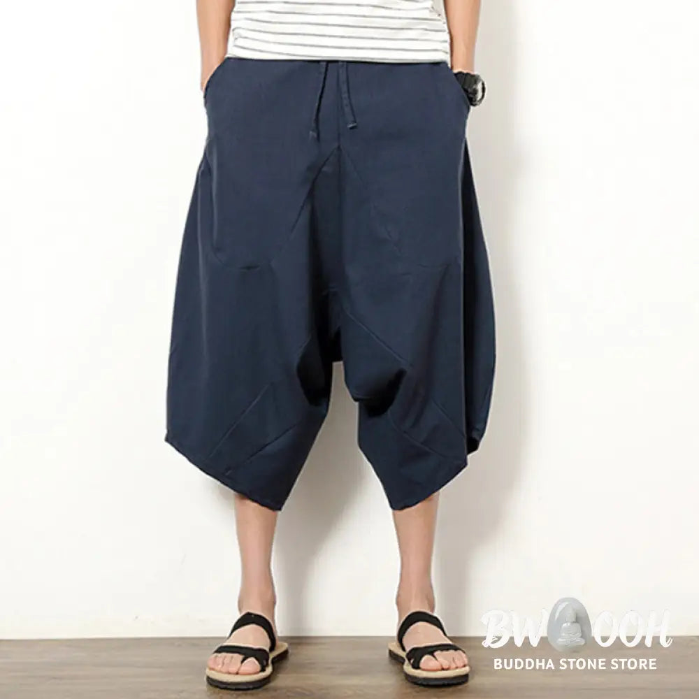 Buddha Stones Spring Plain Simple Patchwork Design Drawstring Cotton Linen Men’s 7-8 Length Wide Leg Pants With Pockets
