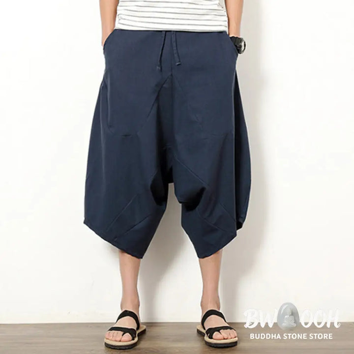Buddha Stones Spring Plain Simple Patchwork Design Drawstring Cotton Linen Men’s 7-8 Length Wide Leg Pants With Pockets
