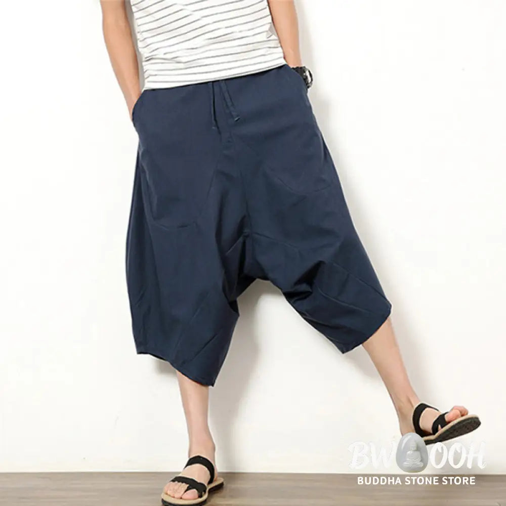 Buddha Stones Spring Plain Simple Patchwork Design Drawstring Cotton Linen Men’s 7-8 Length Wide Leg Pants With Pockets