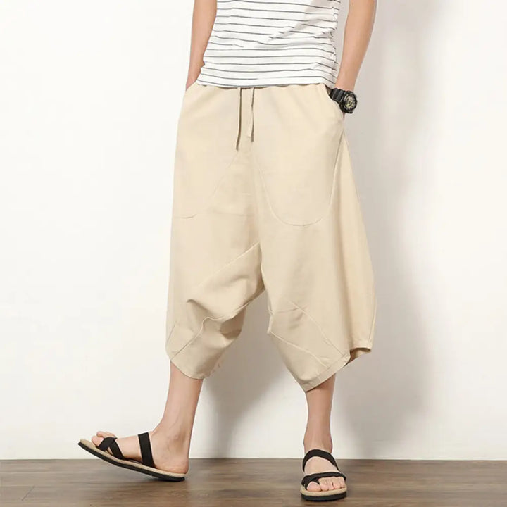 Buddha Stones Spring Plain Simple Patchwork Design Drawstring Cotton Linen Men’s 7-8 Length Wide Leg Pants With Pockets