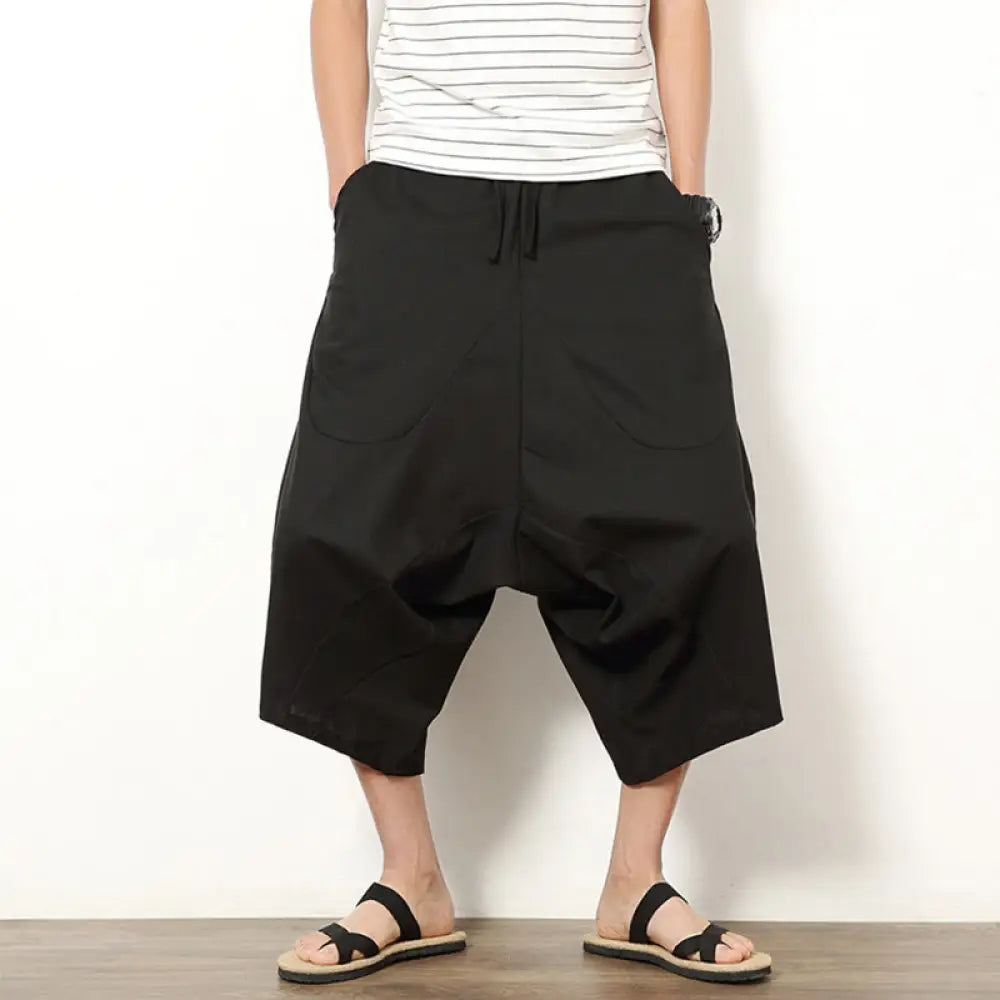 Buddha Stones Spring Plain Simple Patchwork Design Drawstring Cotton Linen Men’s 7-8 Length Wide Leg Pants With Pockets