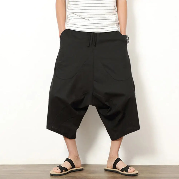 Buddha Stones Spring Plain Simple Patchwork Design Drawstring Cotton Linen Men’s 7-8 Length Wide Leg Pants With Pockets