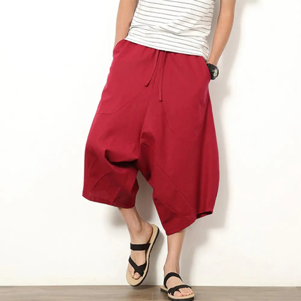 Buddha Stones Spring Plain Simple Patchwork Design Drawstring Cotton Linen Men’s 7-8 Length Wide Leg Pants With Pockets