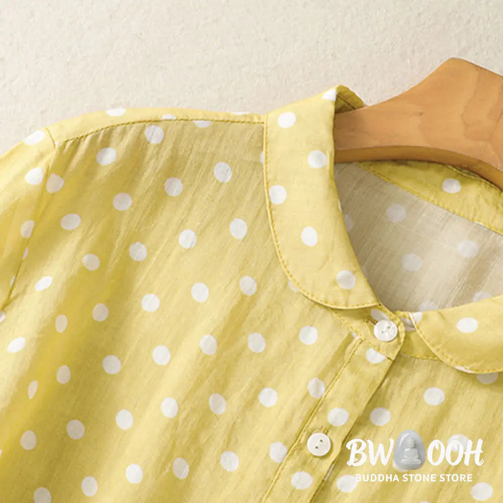 Buddha Stones Spring Polka Dot Button Stand Collar Polyester Midi Dress With Pockets - Midi Dress