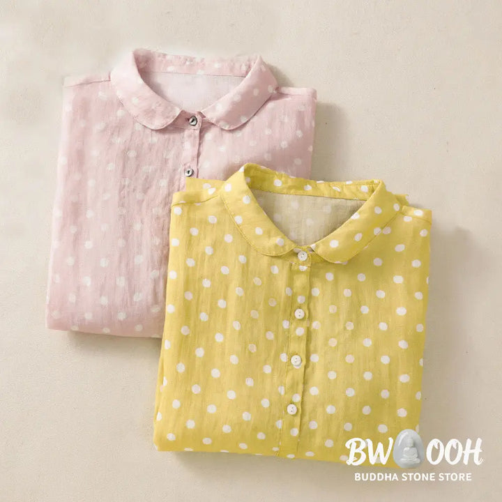 Buddha Stones Spring Polka Dot Button Stand Collar Polyester Midi Dress With Pockets - Midi Dress