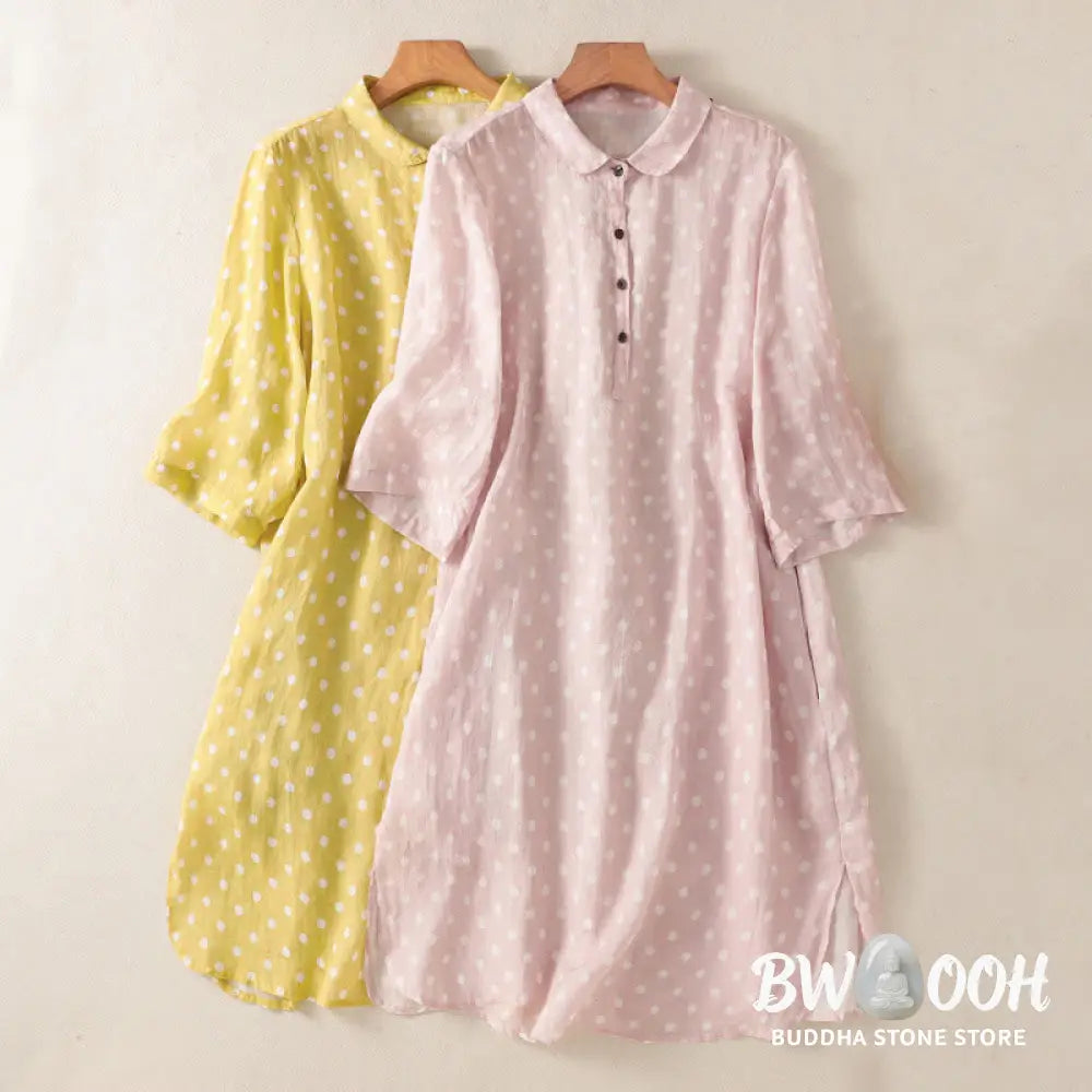 Buddha Stones Spring Polka Dot Button Stand Collar Polyester Midi Dress With Pockets - Midi Dress