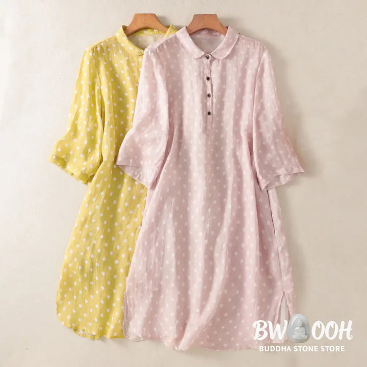 Buddha Stones Spring Polka Dot Button Stand Collar Polyester Midi Dress With Pockets - Midi Dress