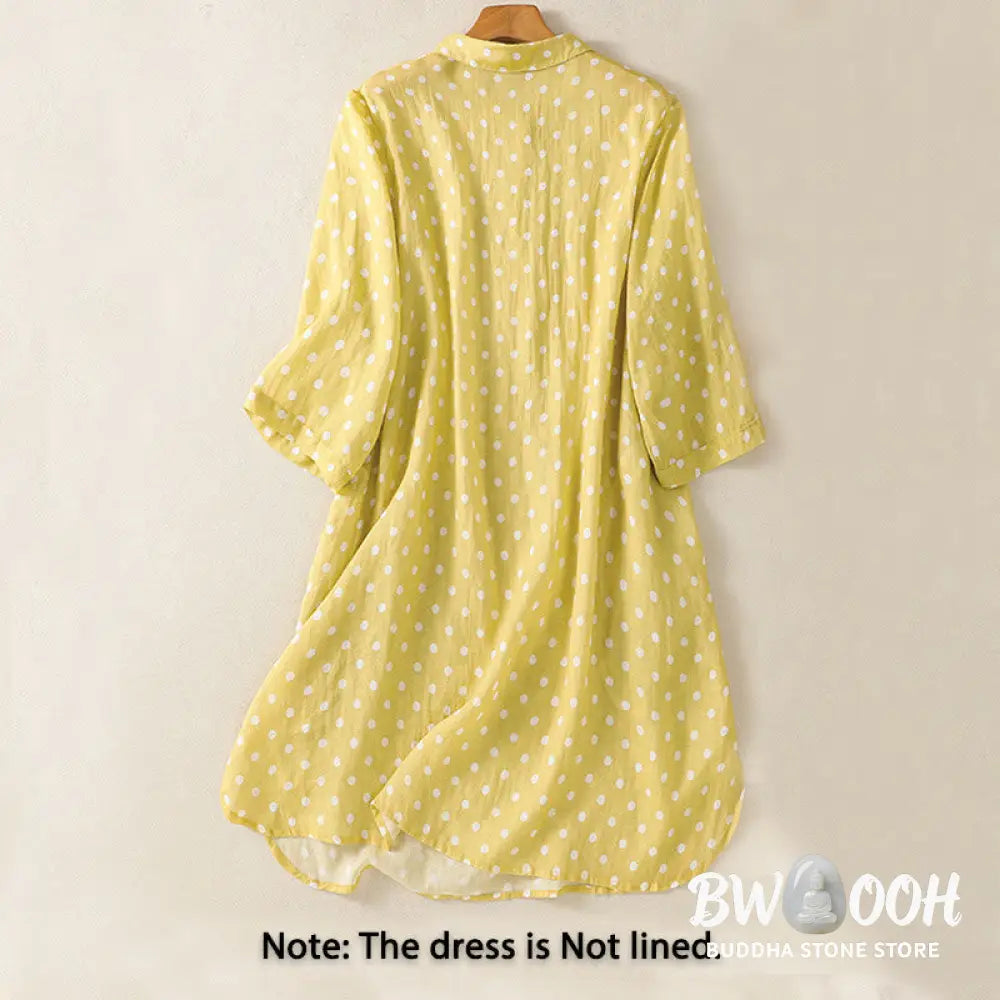 Buddha Stones Spring Polka Dot Button Stand Collar Polyester Midi Dress With Pockets - Midi Dress