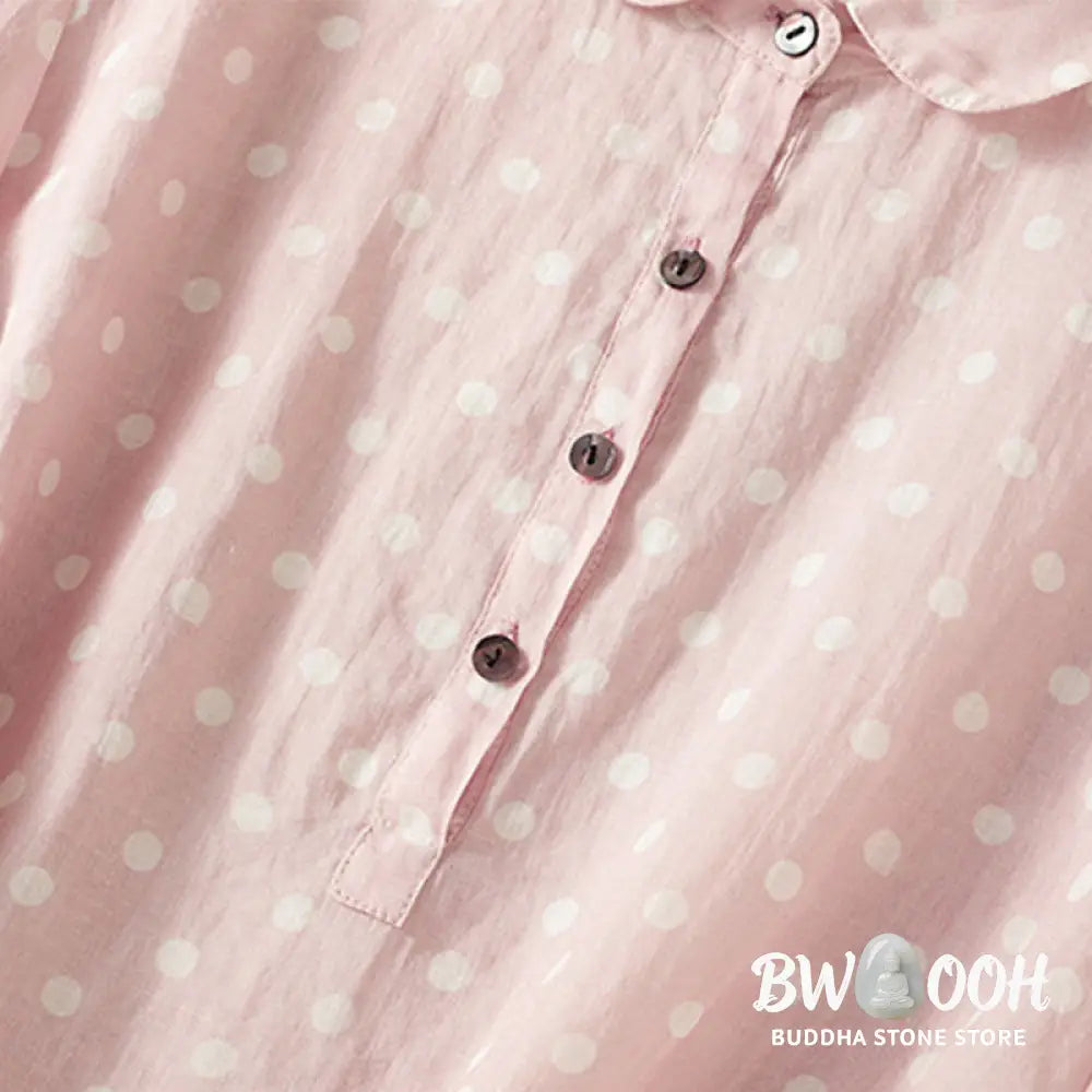 Buddha Stones Spring Polka Dot Button Stand Collar Polyester Midi Dress With Pockets - Midi Dress