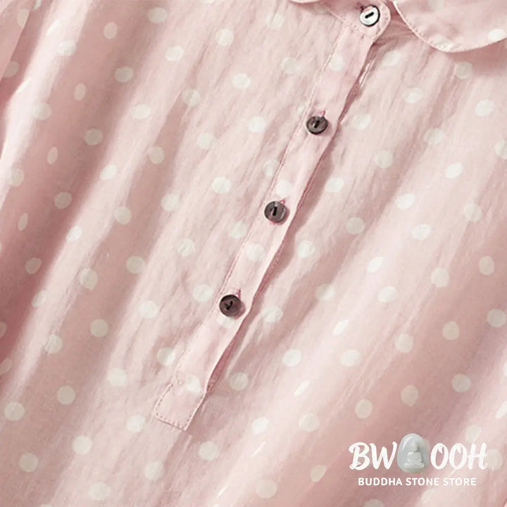 Buddha Stones Spring Polka Dot Button Stand Collar Polyester Midi Dress With Pockets - Midi Dress