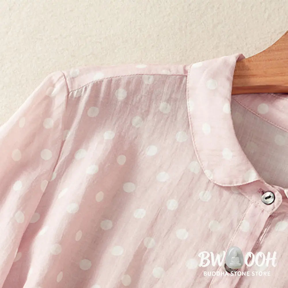 Buddha Stones Spring Polka Dot Button Stand Collar Polyester Midi Dress With Pockets - Midi Dress