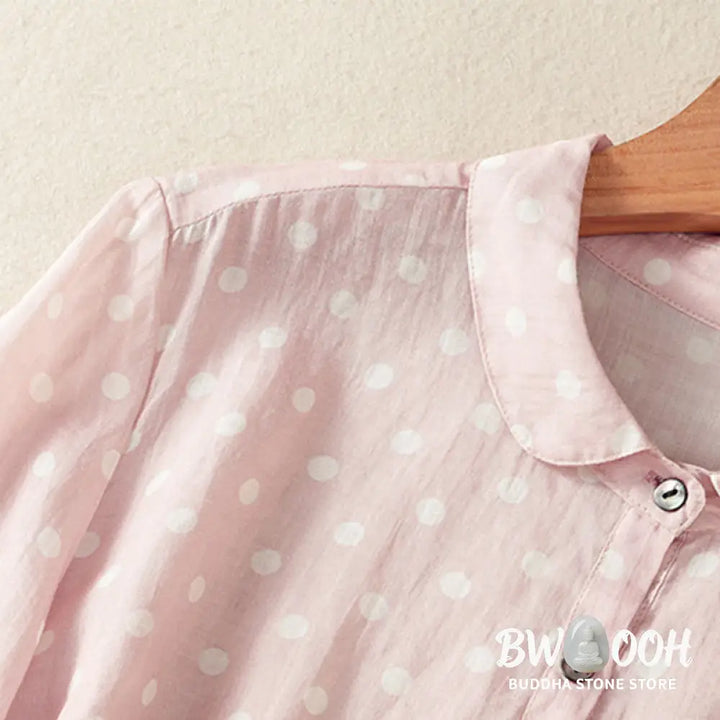 Buddha Stones Spring Polka Dot Button Stand Collar Polyester Midi Dress With Pockets - Midi Dress