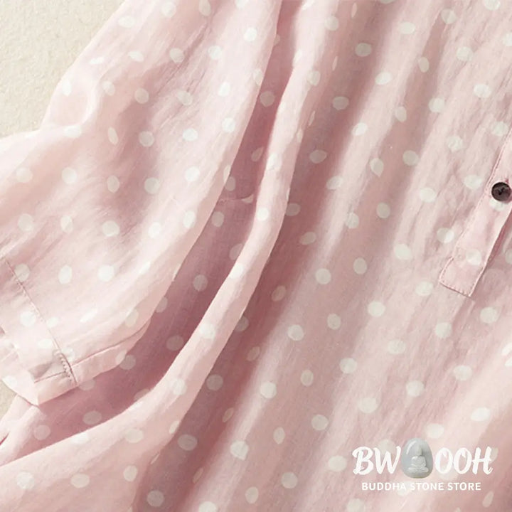 Buddha Stones Spring Polka Dot Button Stand Collar Polyester Midi Dress With Pockets - Midi Dress