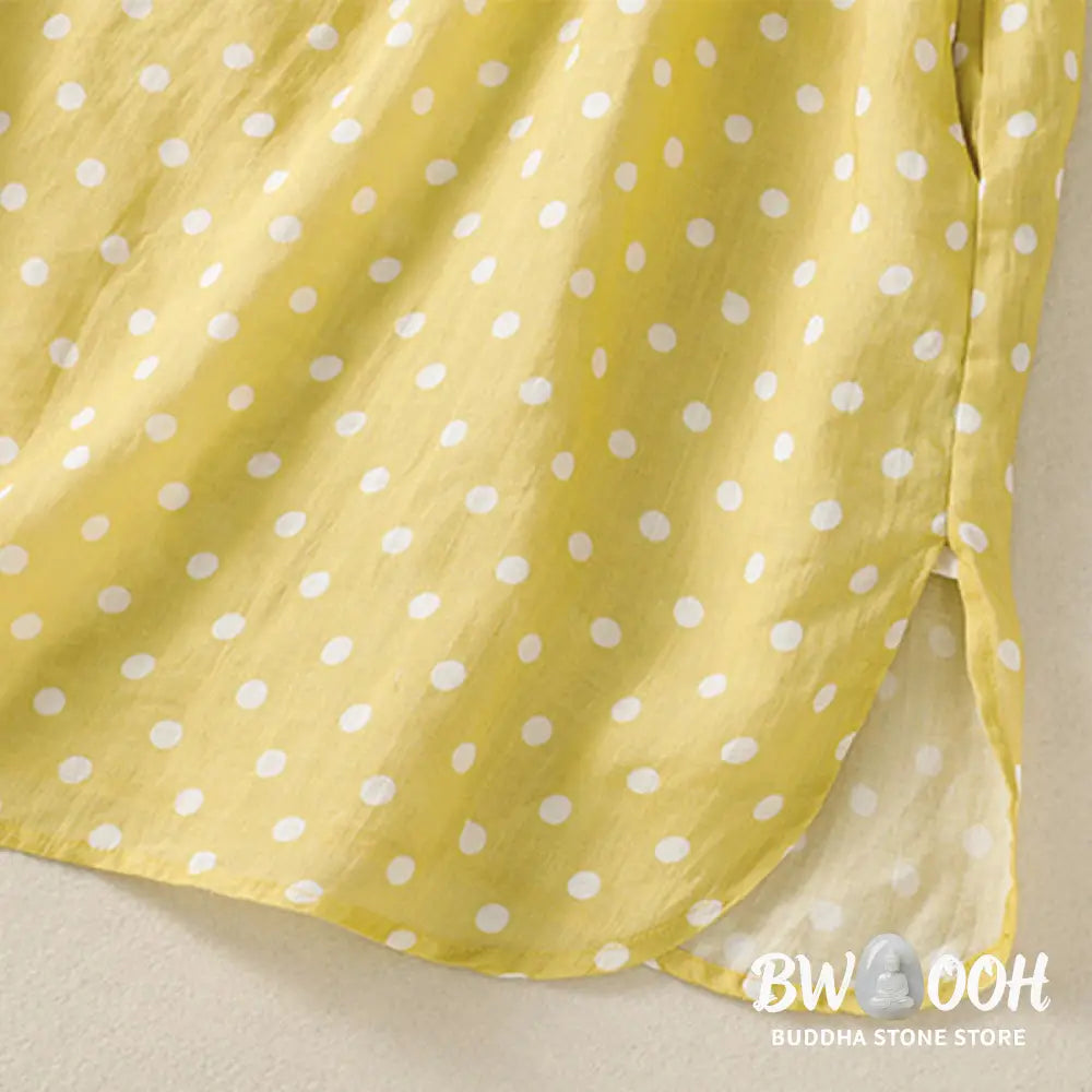 Buddha Stones Spring Polka Dot Button Stand Collar Polyester Midi Dress With Pockets - Midi Dress