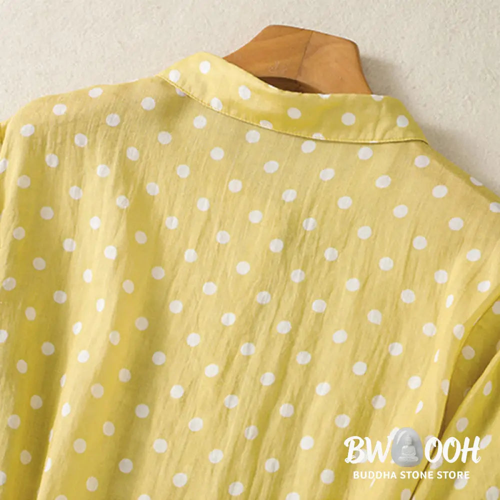 Buddha Stones Spring Polka Dot Button Stand Collar Polyester Midi Dress With Pockets - Midi Dress