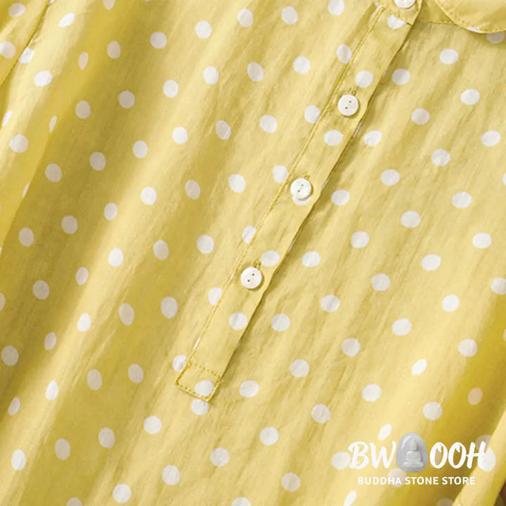 Buddha Stones Spring Polka Dot Button Stand Collar Polyester Midi Dress With Pockets - Midi Dress