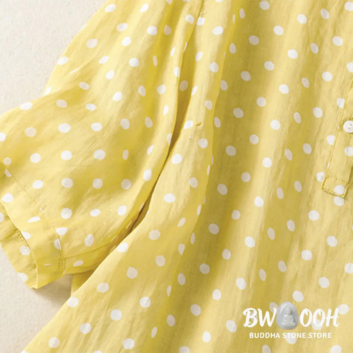 Buddha Stones Spring Polka Dot Button Stand Collar Polyester Midi Dress With Pockets - Midi Dress