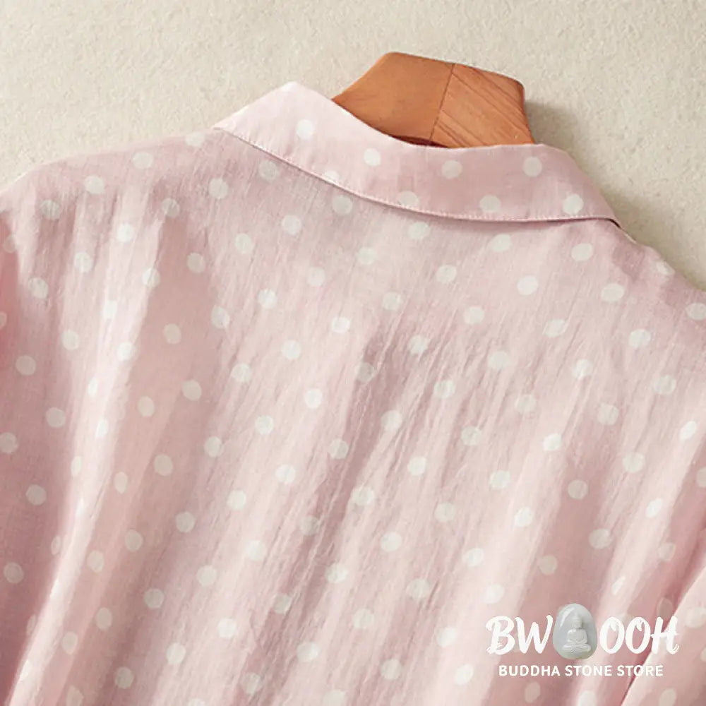 Buddha Stones Spring Polka Dot Button Stand Collar Polyester Midi Dress With Pockets - Midi Dress