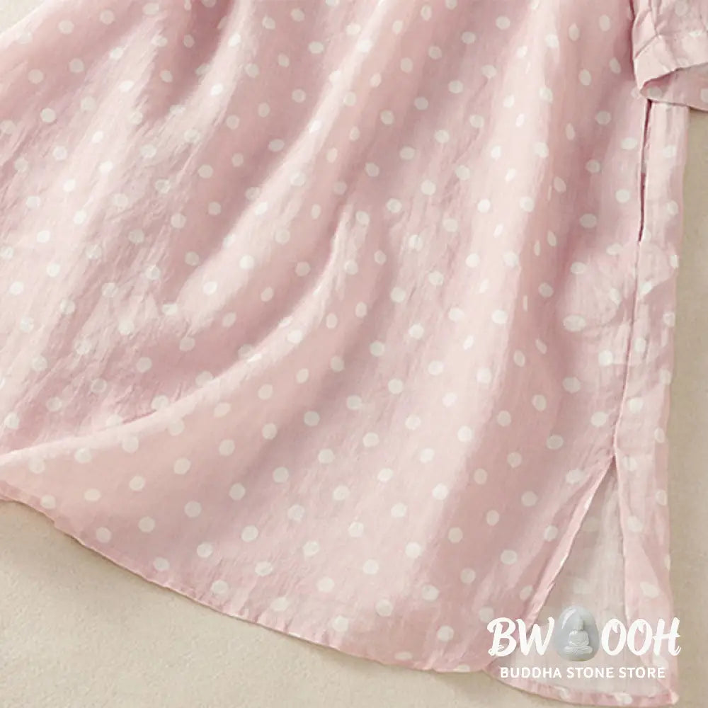 Buddha Stones Spring Polka Dot Button Stand Collar Polyester Midi Dress With Pockets - Midi Dress