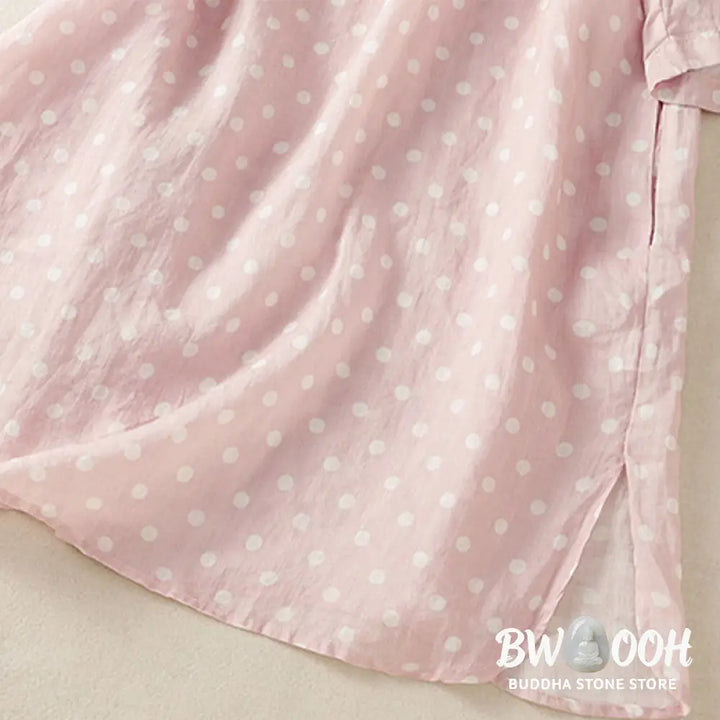 Buddha Stones Spring Polka Dot Button Stand Collar Polyester Midi Dress With Pockets - Midi Dress