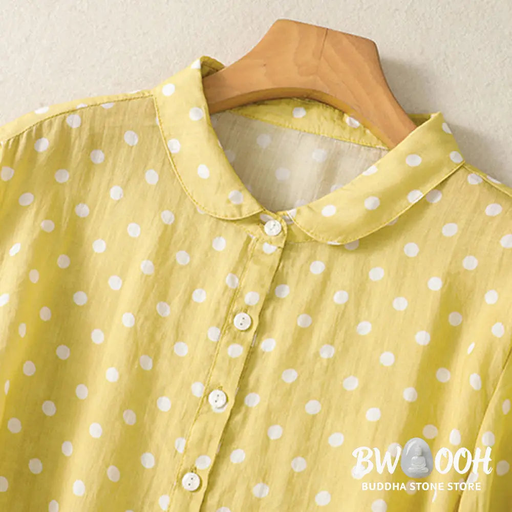 Buddha Stones Spring Polka Dot Button Stand Collar Polyester Midi Dress With Pockets - Midi Dress