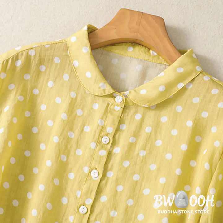 Buddha Stones Spring Polka Dot Button Stand Collar Polyester Midi Dress With Pockets - Midi Dress