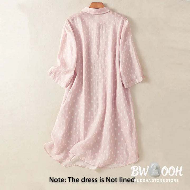 Buddha Stones Spring Polka Dot Button Stand Collar Polyester Midi Dress With Pockets - Midi Dress
