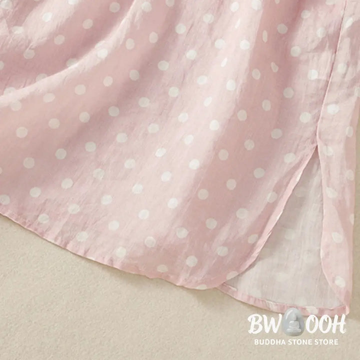 Buddha Stones Spring Polka Dot Button Stand Collar Polyester Midi Dress With Pockets - Midi Dress