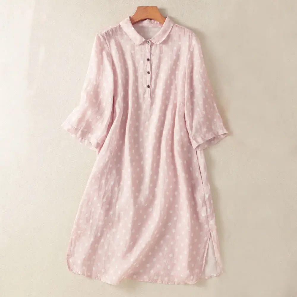 Buddha Stones Spring Polka Dot Button Stand Collar Polyester Midi Dress With Pockets - Pink / US6，UK/AU10，EU38 (M)