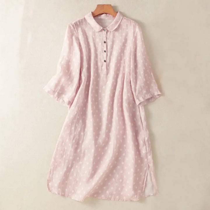 Buddha Stones Spring Polka Dot Button Stand Collar Polyester Midi Dress With Pockets - Pink / US6，UK/AU10，EU38 (M)