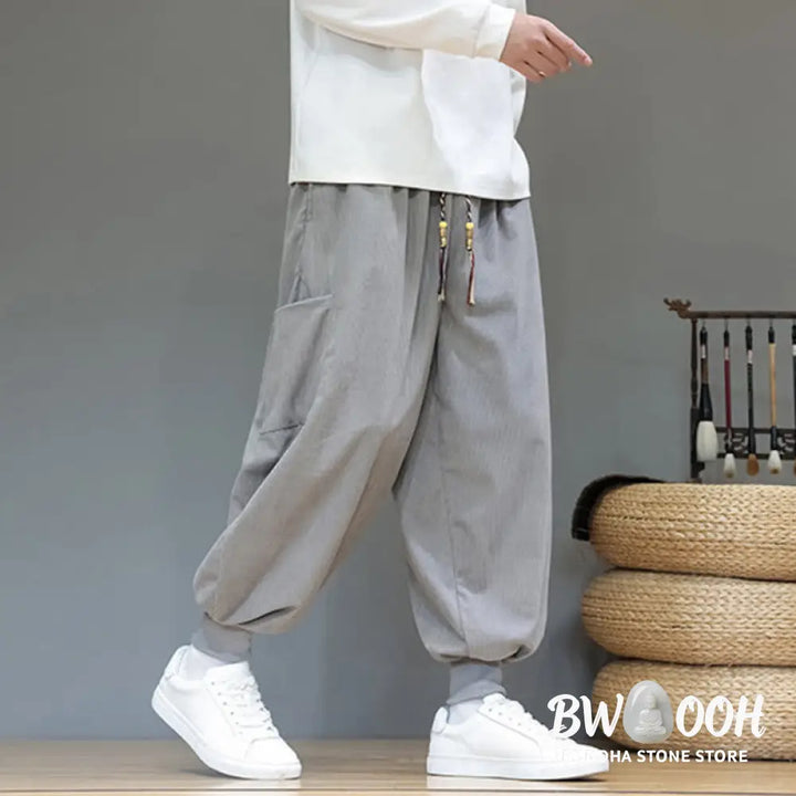 Buddha Stones Spring Solid Color Men’s Ankle-Length Cotton Pants With Pockets - Men’s Pants