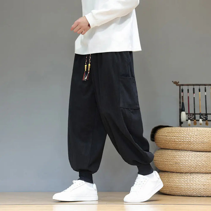 Buddha Stones Spring Solid Color Men’s Ankle-Length Cotton Pants With Pockets - Black / US/UK/AU36，EU46 (L) - Men’s
