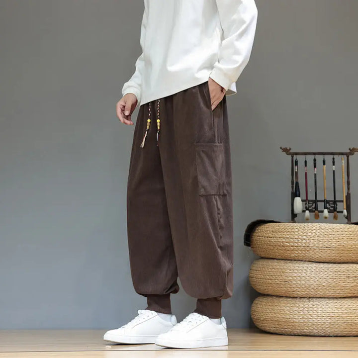 Buddha Stones Spring Solid Color Men’s Ankle-Length Cotton Pants With Pockets - SaddleBrown / US/UK/AU36，EU46 (L)