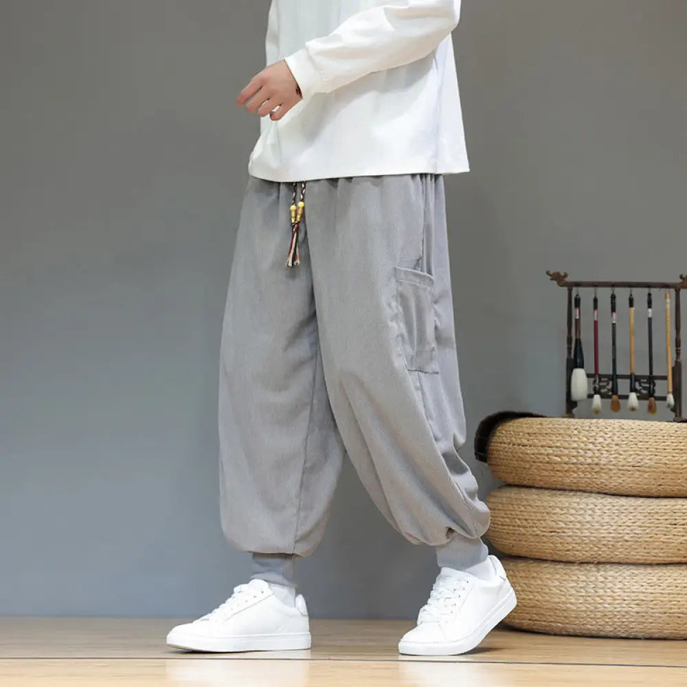 Buddha Stones Spring Solid Color Men’s Ankle-Length Cotton Pants With Pockets - Silver / US/UK/AU36，EU46 (L) - Men’s