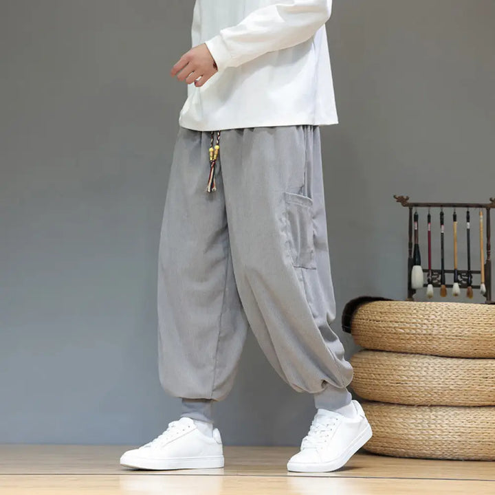 Buddha Stones Spring Solid Color Men’s Ankle-Length Cotton Pants With Pockets - Silver / US/UK/AU36，EU46 (L) - Men’s