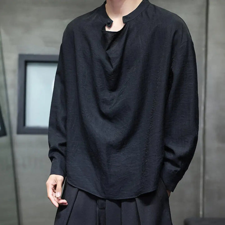 Buddha Stones Spring Solid Color Pleated Stand Collar Design Tang Suit Men’s Long Sleeve Linen Shirt - Black