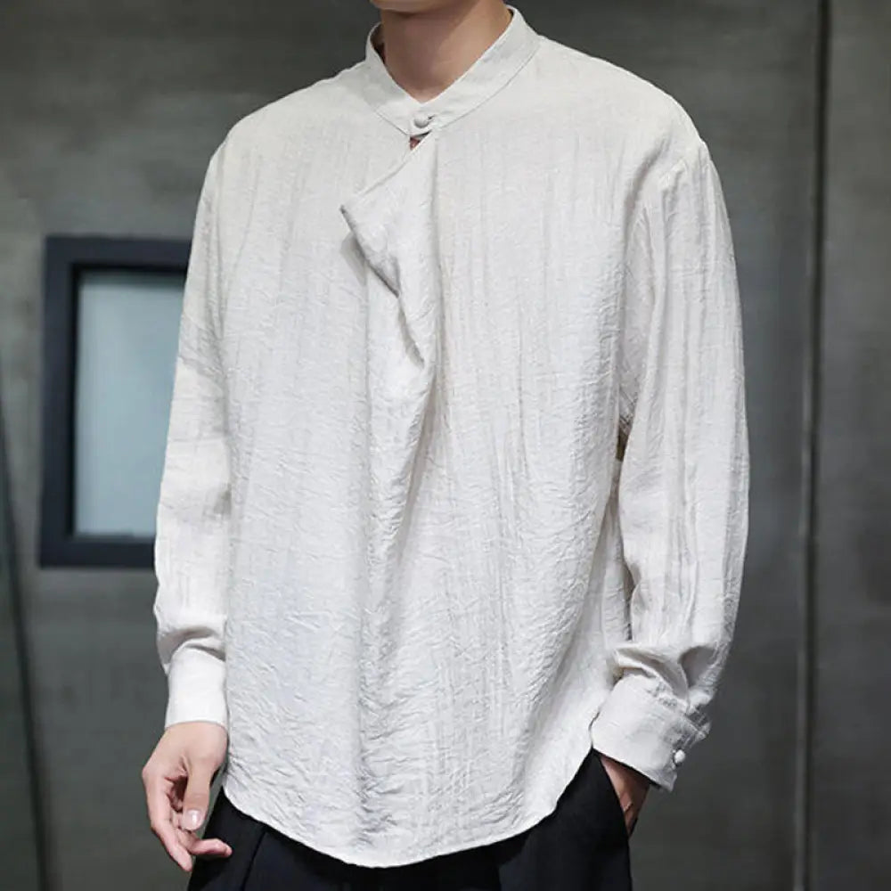 Buddha Stones Spring Solid Color Pleated Stand Collar Design Tang Suit Men’s Long Sleeve Linen Shirt - FloralWhite