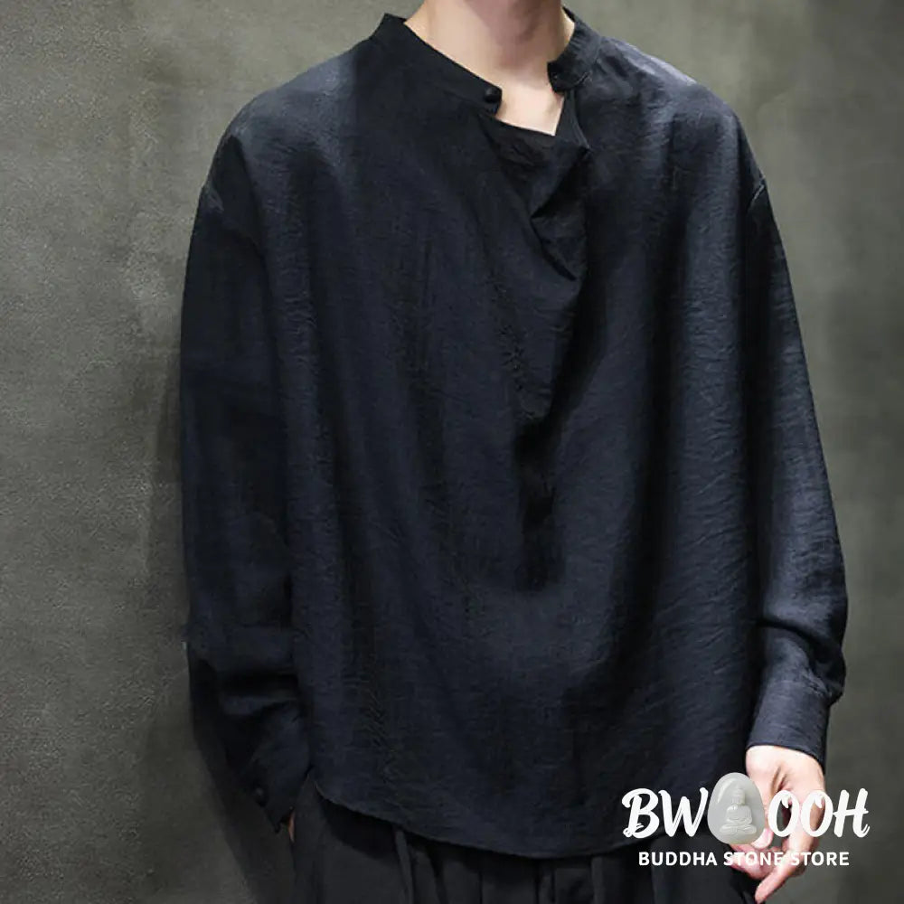 Buddha Stones Spring Solid Color Pleated Stand Collar Design Tang Suit Men’s Long Sleeve Linen Shirt - Men’s Shirts