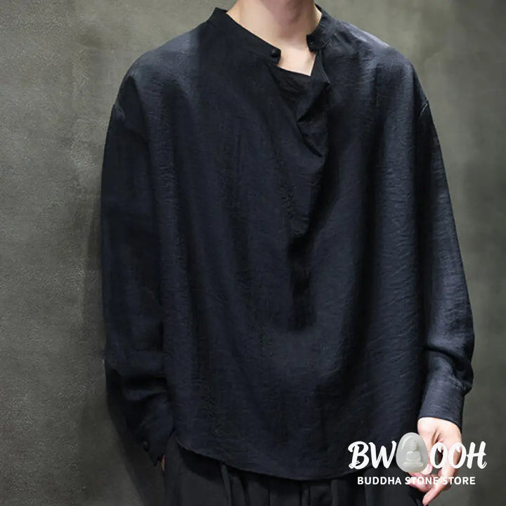 Buddha Stones Spring Solid Color Pleated Stand Collar Design Tang Suit Men’s Long Sleeve Linen Shirt - Men’s Shirts