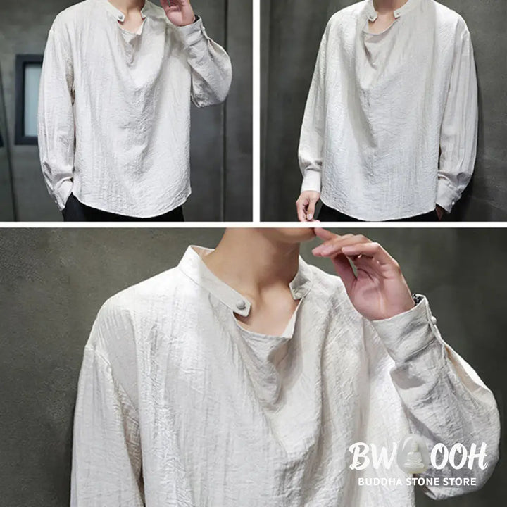 Buddha Stones Spring Solid Color Pleated Stand Collar Design Tang Suit Men’s Long Sleeve Linen Shirt - Men’s Shirts