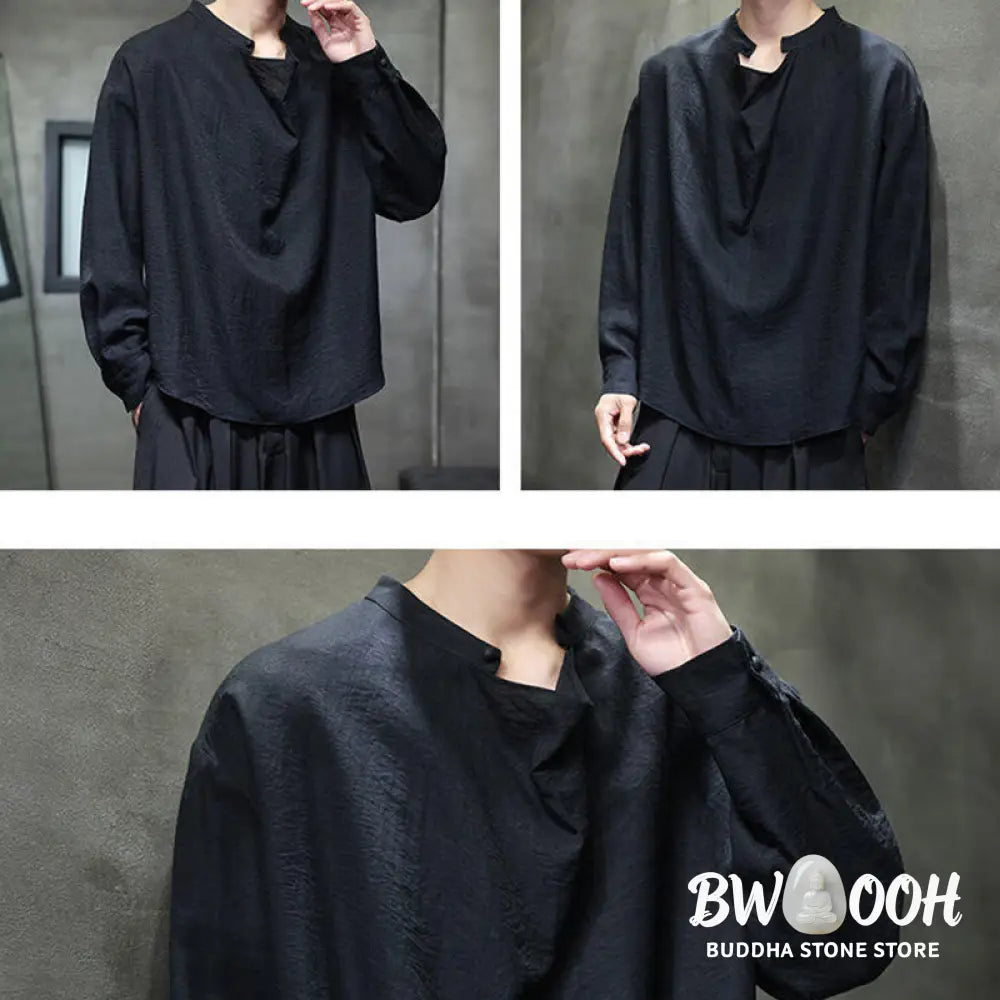 Buddha Stones Spring Solid Color Pleated Stand Collar Design Tang Suit Men’s Long Sleeve Linen Shirt - Men’s Shirts