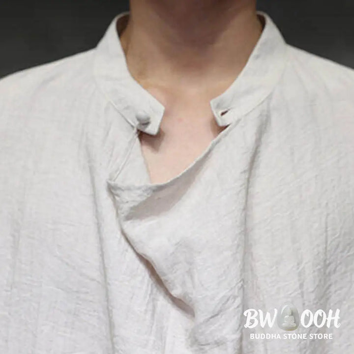 Buddha Stones Spring Solid Color Pleated Stand Collar Design Tang Suit Men’s Long Sleeve Linen Shirt - Men’s Shirts